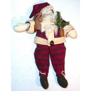 Vintage Santa Doll Handmade Amish Country Christmas Primitive Folk Art Plaid